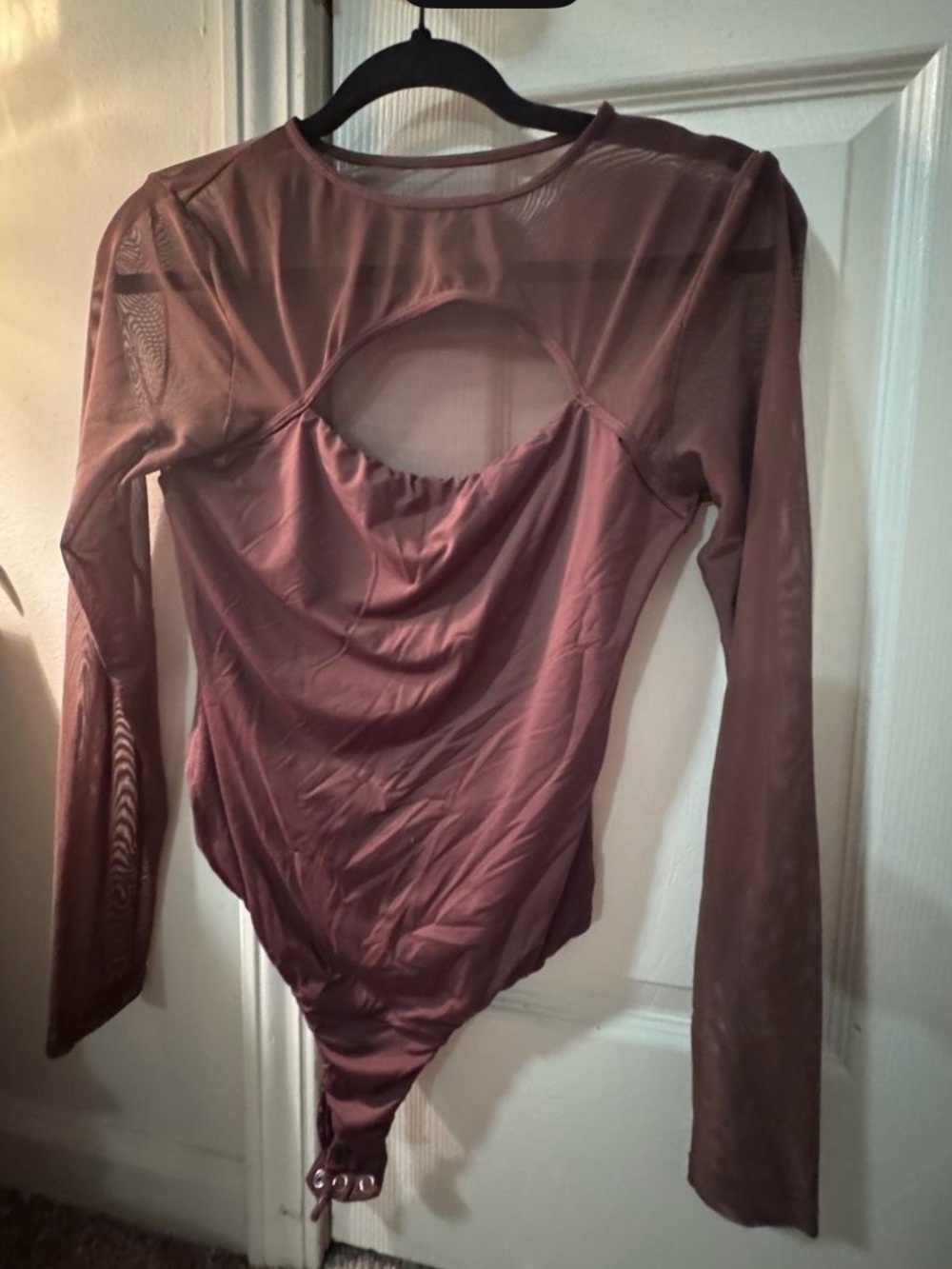 Long-Sleeve Mesh Bodysuit with Front Cutout - Mauve